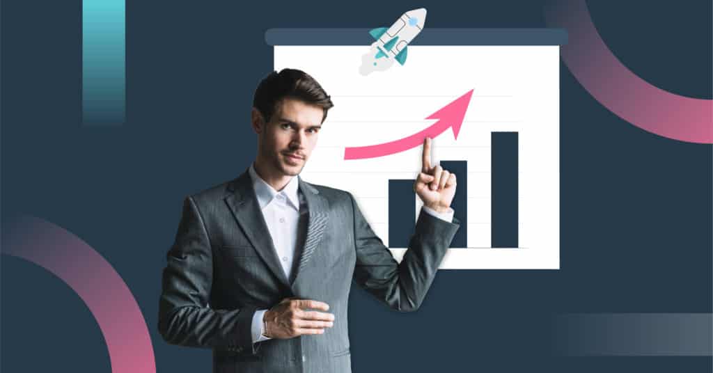 Businessman pointing to a rising growth chart with a rocket icon