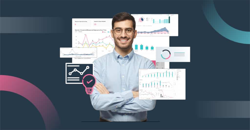 Business professional with analytics dashboards and report icons