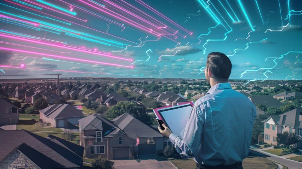 Insurance professional viewing digital data lines over a neighborhood