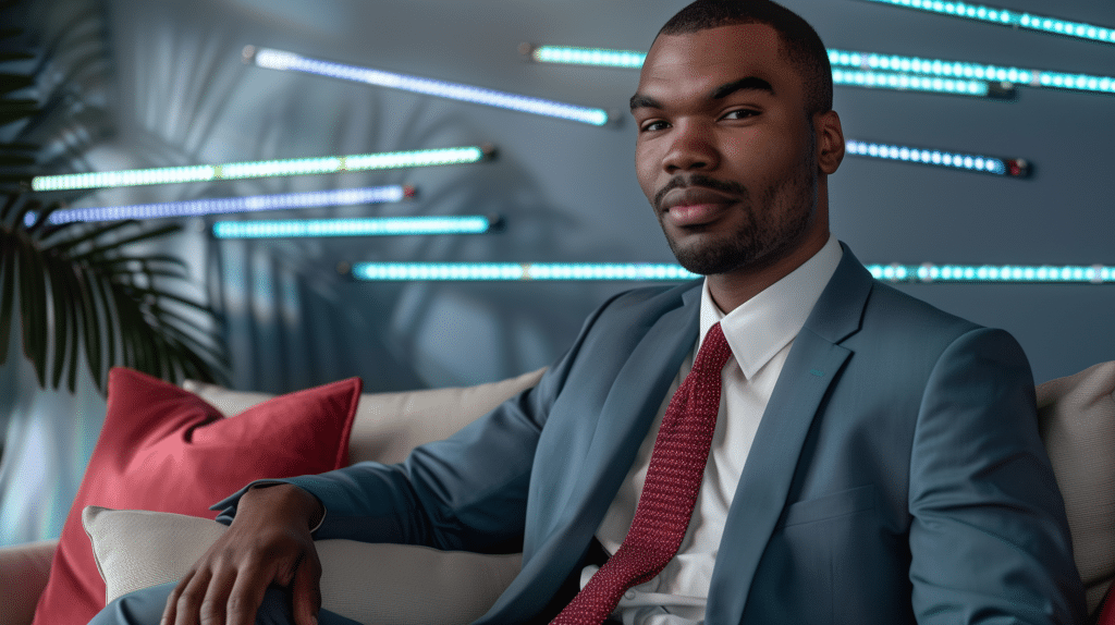 Editorial-style photo of a man wearing a cyan blazer