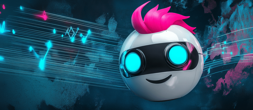 AI chatbot character with pink hair on a digital abstract background