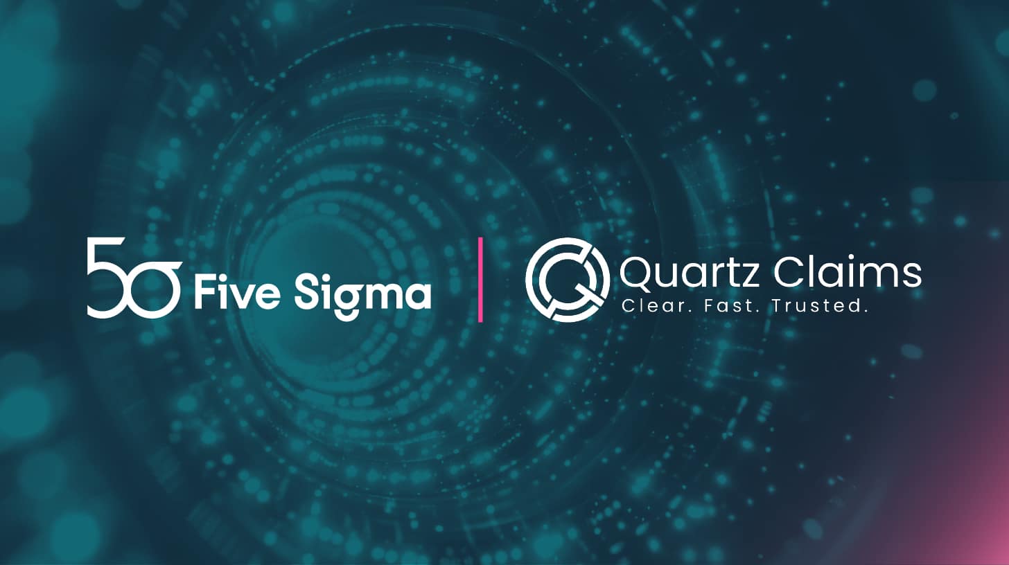 Quartz Claims and Five Sigma logos on a partnership announcement banner for an AI-native TPA launch in Australia.