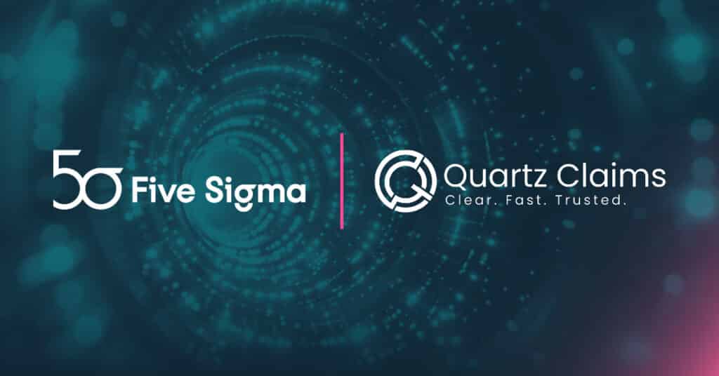 Quartz Claims and Five Sigma logos on a partnership announcement banner for an AI-native TPA launch in Australia.