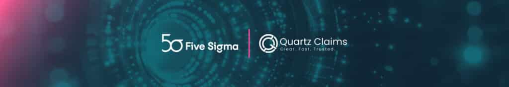 Quartz Claims and Five Sigma logos on a partnership announcement banner for an AI-native TPA launch in Australia.