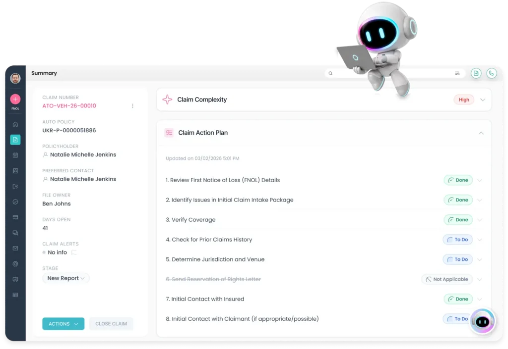 Five Sigma claims management interface showing a high-complexity auto claim, a claim action plan with completed and pending tasks, and an AI assistant