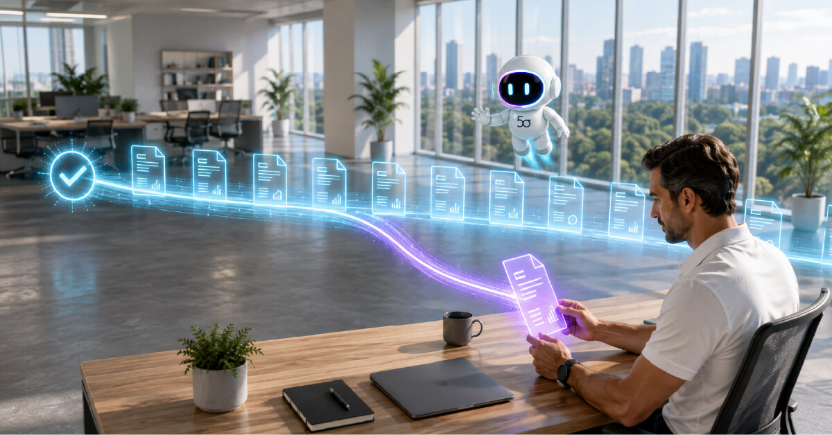 Claims adjuster reviewing an AI-routed claim document while automated claim files move through a digital workflow