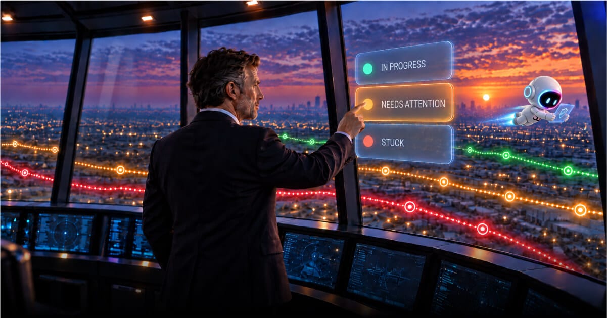Claims adjuster supervising automated claims with statuses for in progress, needs attention, and stuck as AI moves claims forward.