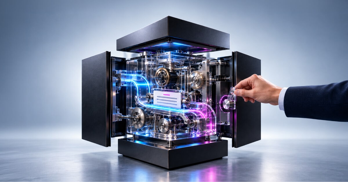 Transparent AI system with exposed mechanical components and a human hand adjusting a control, illustrating human oversight and accountable AI in insurance claims