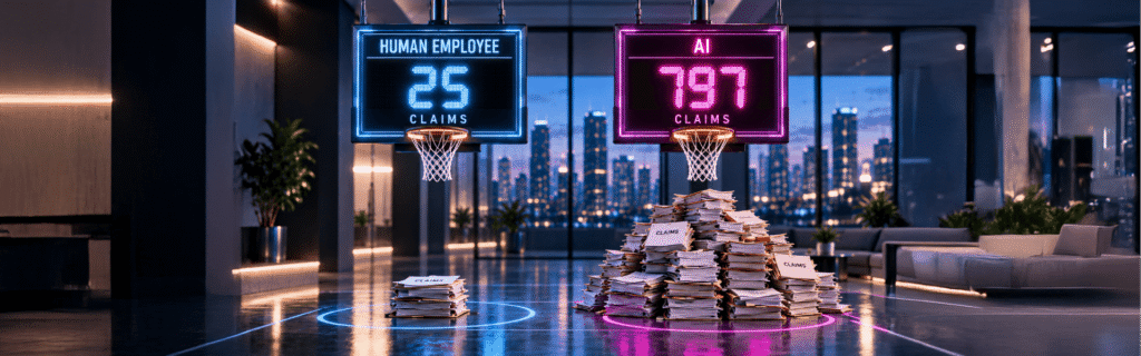 Digital scoreboards compare 25 claims handled by a human employee with 197 claims handled by AI, illustrating increased claims capacity through automation.
